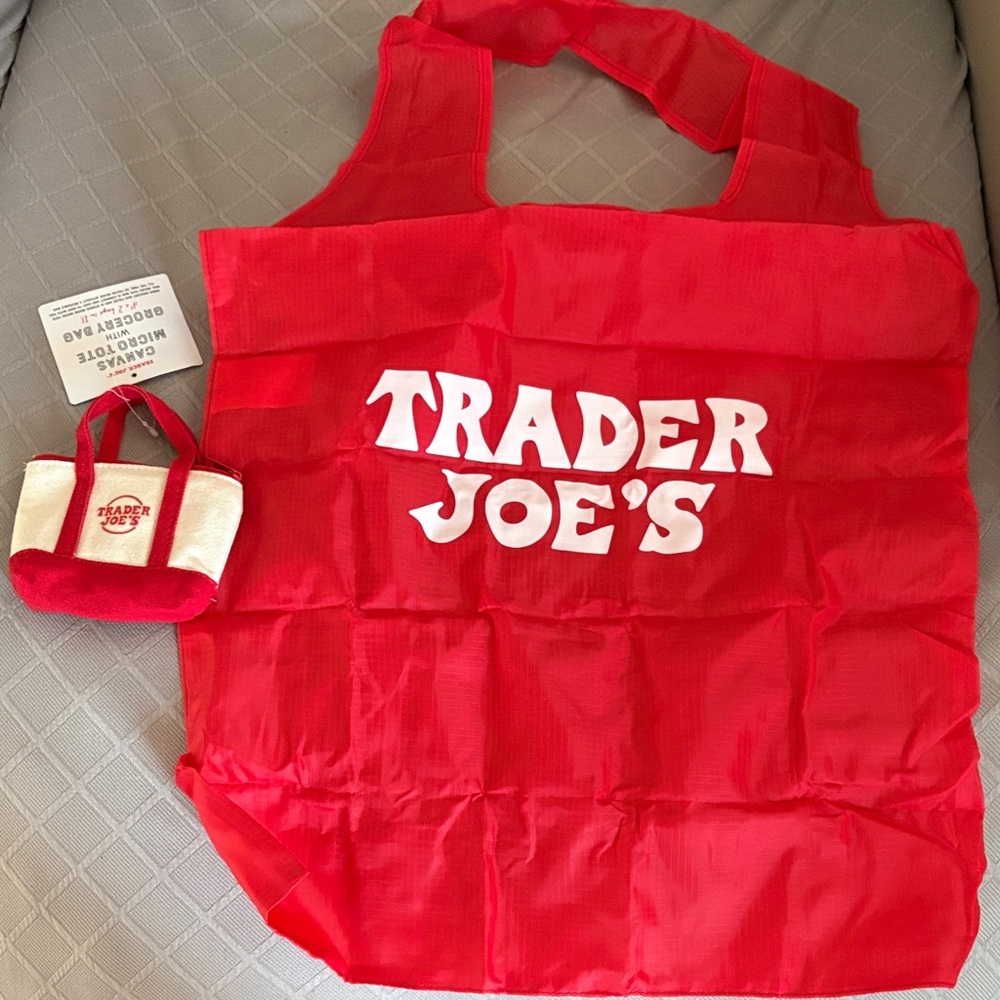 Trader Joe's Micro Canvas Tote Bag + Reusable Nylon Red Pouch - Picture 3 of 7